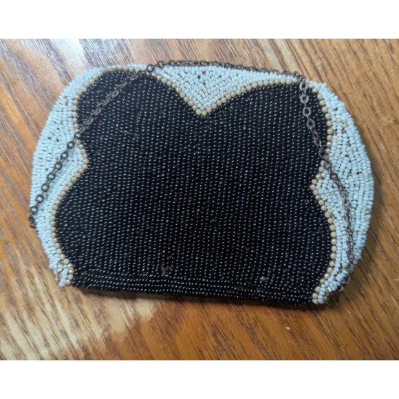 Vintage Beaded coin trinket Purse Black White Pattern Art Deco Chain Strap 5.5" - Picture 7 of 8